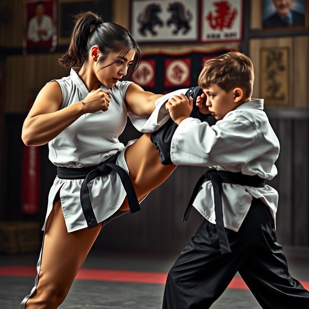 A dramatic scene of a strong woman executing a knee kick towards an opponent in a martial arts setting, showcasing her powerful stance and precise technique