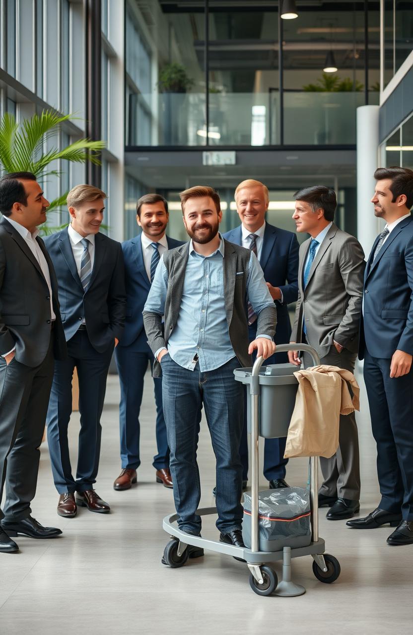 A janitor in a corporate office setting, surrounded by men in suits who are leaning in and asking for advice