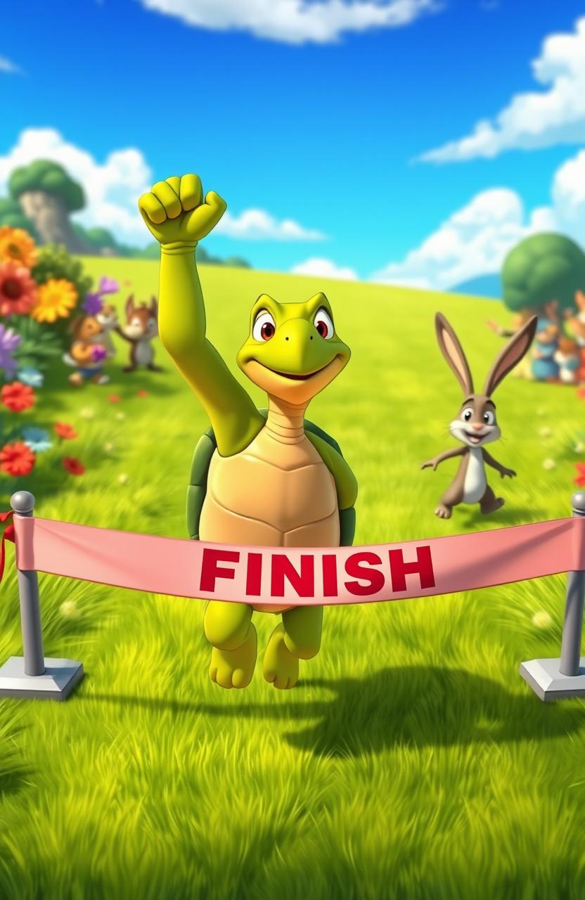 An animated scene depicting a tortoise triumphantly crossing the finish line in a race against a hare
