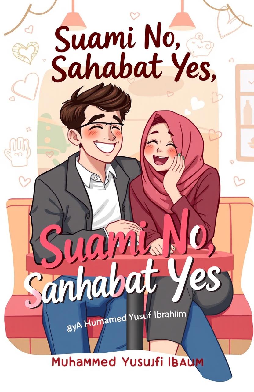 A cozy and playful illustration of a romantic comedy novel cover titled "Suami No, Sahabat Yes" by Muhammad Yusuf Ibrahim