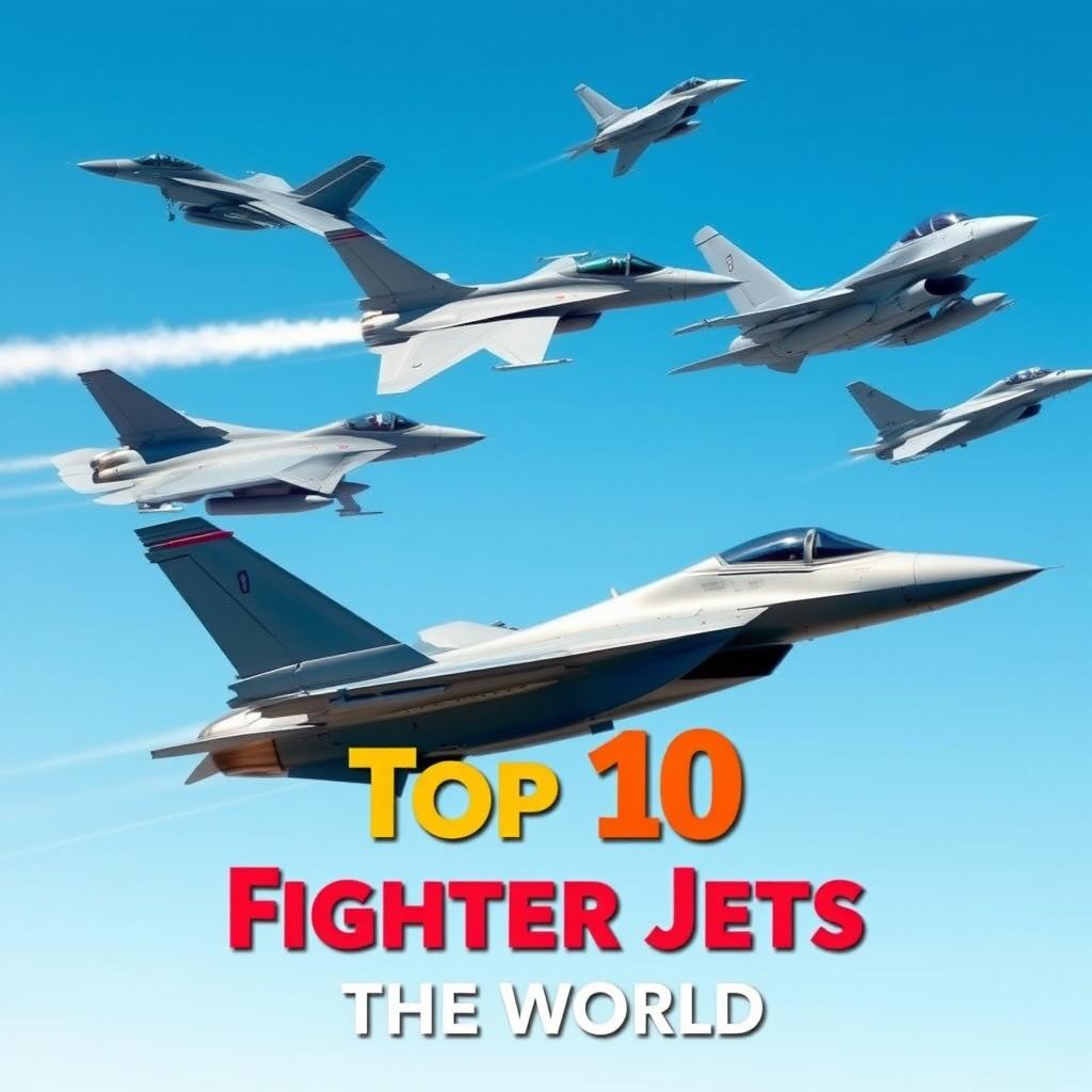 A dynamic and eye-catching YouTube thumbnail showcasing the top 10 fighter jets in the world