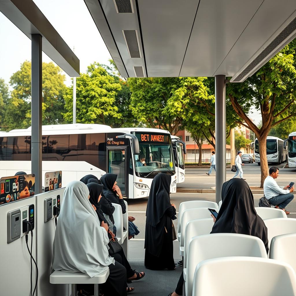 A modern bus station featuring advanced amenities including charging outlets for mobile phones and comfortable seating in white for passengers