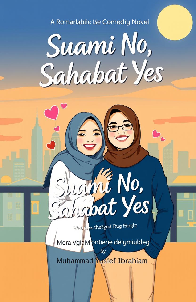 A romantic comedy novel cover design for 'Suami No, Sahabat Yes' written by Muhammad Yusuf Ibrahim