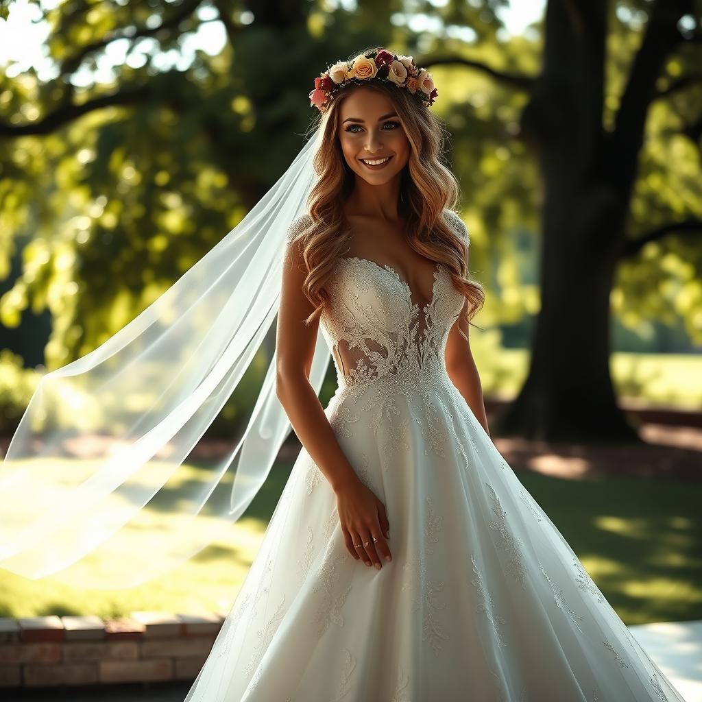 A beautiful bride standing elegantly in a stunning wedding dress