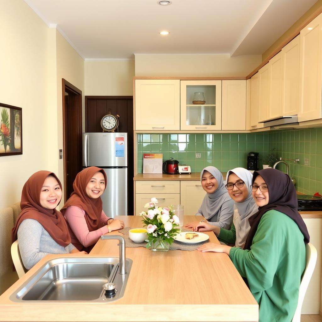 An apartment kitchen decorated in green and cream tones, featuring a spotless sink and a digital double refrigerator