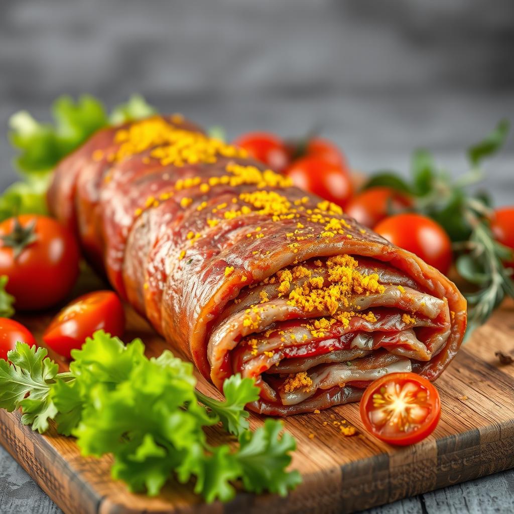 A stunning, uncooked image of a vibrant Turkish shawarma, showcasing layers of marinated meat with yellow spices