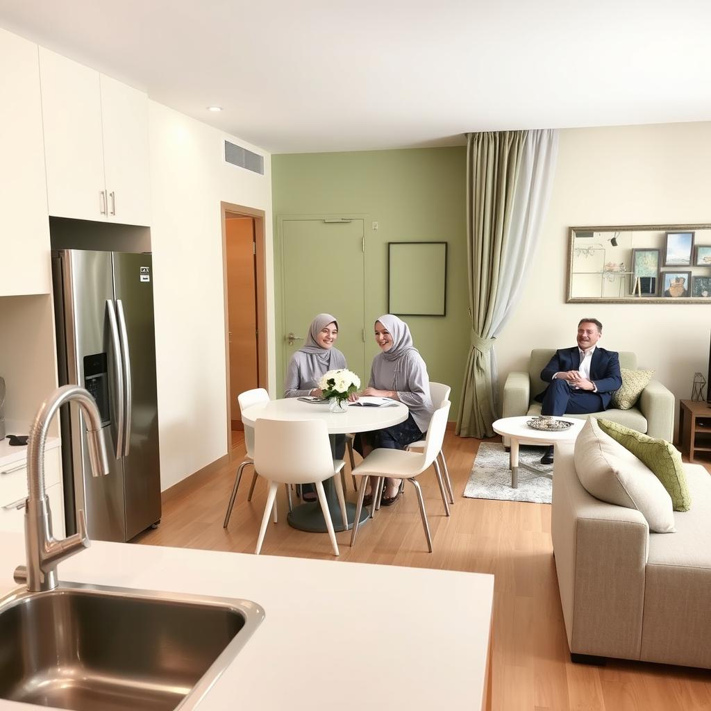 A modern apartment interior decorated in shades of green and cream, featuring a clean and stylish kitchen with a shiny sink and a contemporary double-door digital refrigerator