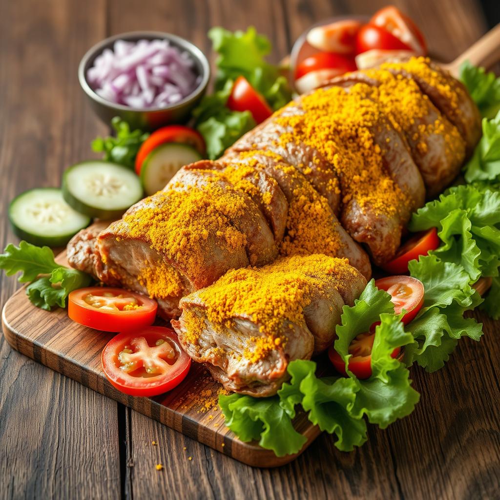 A visually stunning display of uncooked Shawarma featuring vibrant yellow spices