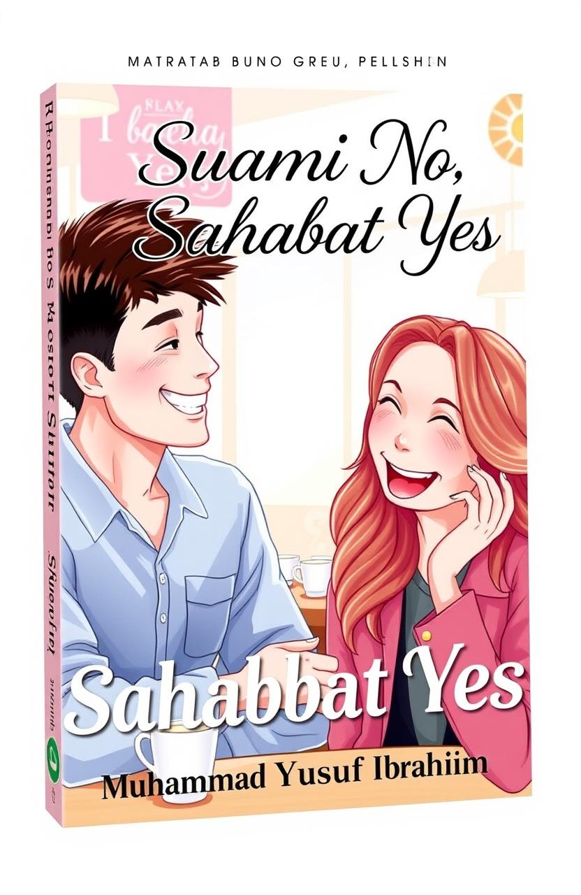 A vibrant book cover for the romantic comedy novel 'Suami No, Sahabat Yes' by Muhammad Yusuf Ibrahim, published by Teratai Group Publishing