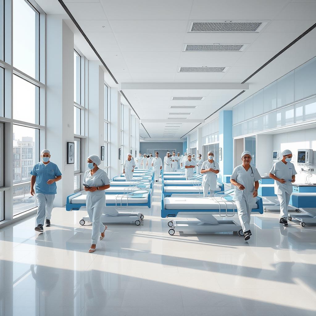 A modern Iranian hospital in the near future featuring bright blue smart beds