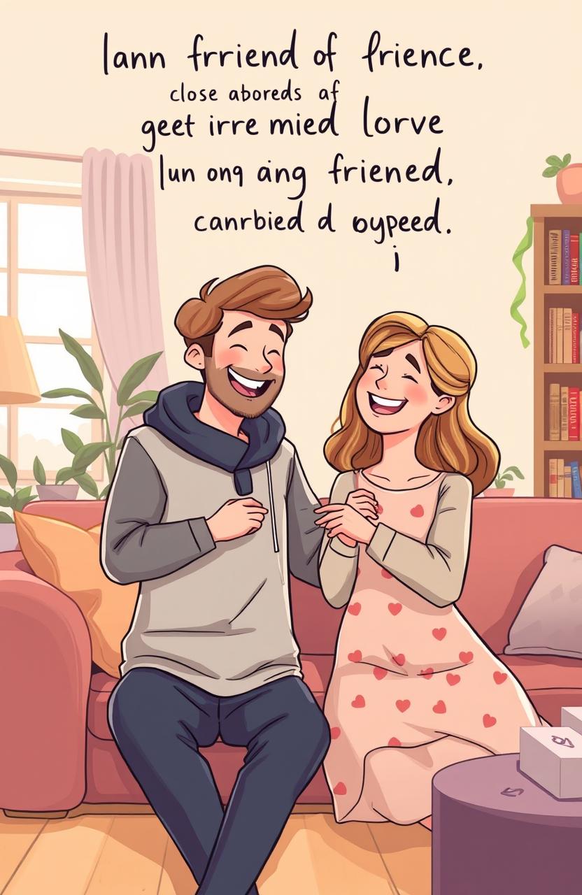A whimsical and romantic illustration representing the themes of friendship and love in a comedic setting, featuring two characters who are close friends transitioning into a married couple