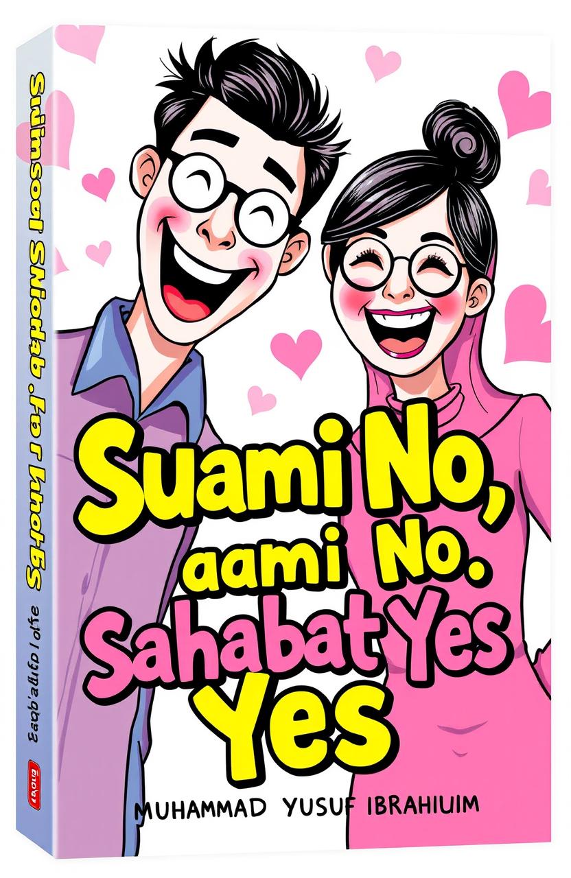 A whimsical and vibrant book cover for a romantic comedy novel titled "Suami No, Sahabat Yes" by Muhammad Yusuf Ibrahim