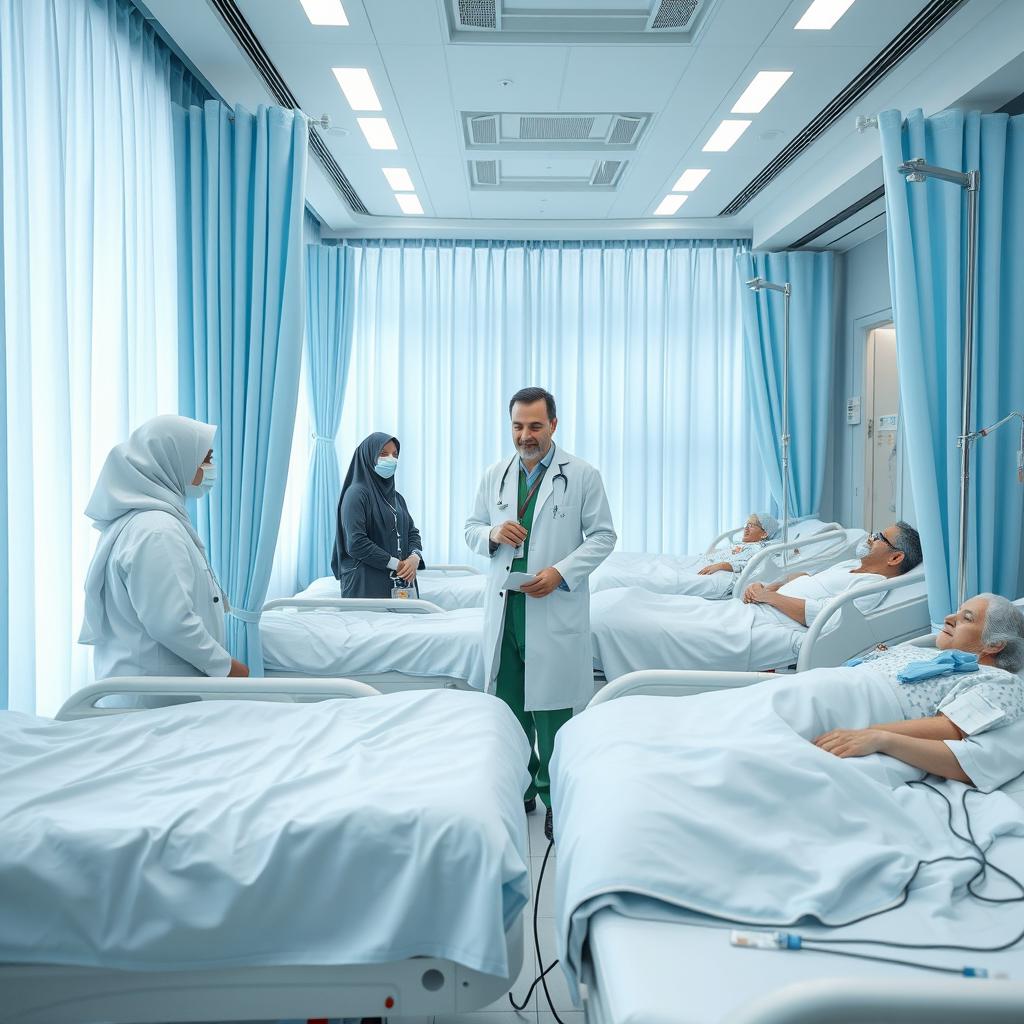 In a futuristic Iranian hospital setting, featuring bright light blue smart hospital beds elegantly surrounded by sophisticated curtains