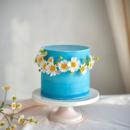 A beautifully decorated cake on a cake stand, featuring a vibrant blue theme with delicate chamomile and spring flowers adorning it