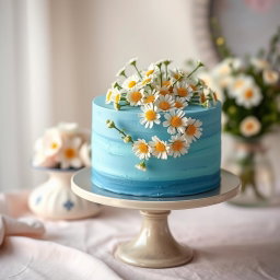 A beautifully decorated cake on a cake stand, featuring a vibrant blue theme with delicate chamomile and spring flowers adorning it