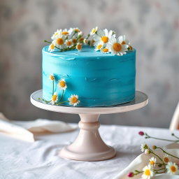 A beautifully decorated cake on a cake stand, featuring a vibrant blue theme with delicate chamomile and spring flowers adorning it