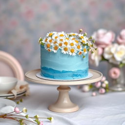 A beautifully decorated cake on a cake stand, featuring a vibrant blue theme with delicate chamomile and spring flowers adorning it