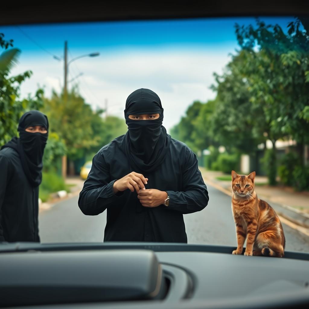 Two men dressed in black, their faces covered with black cloth, in the act of stealing a Shahin car
