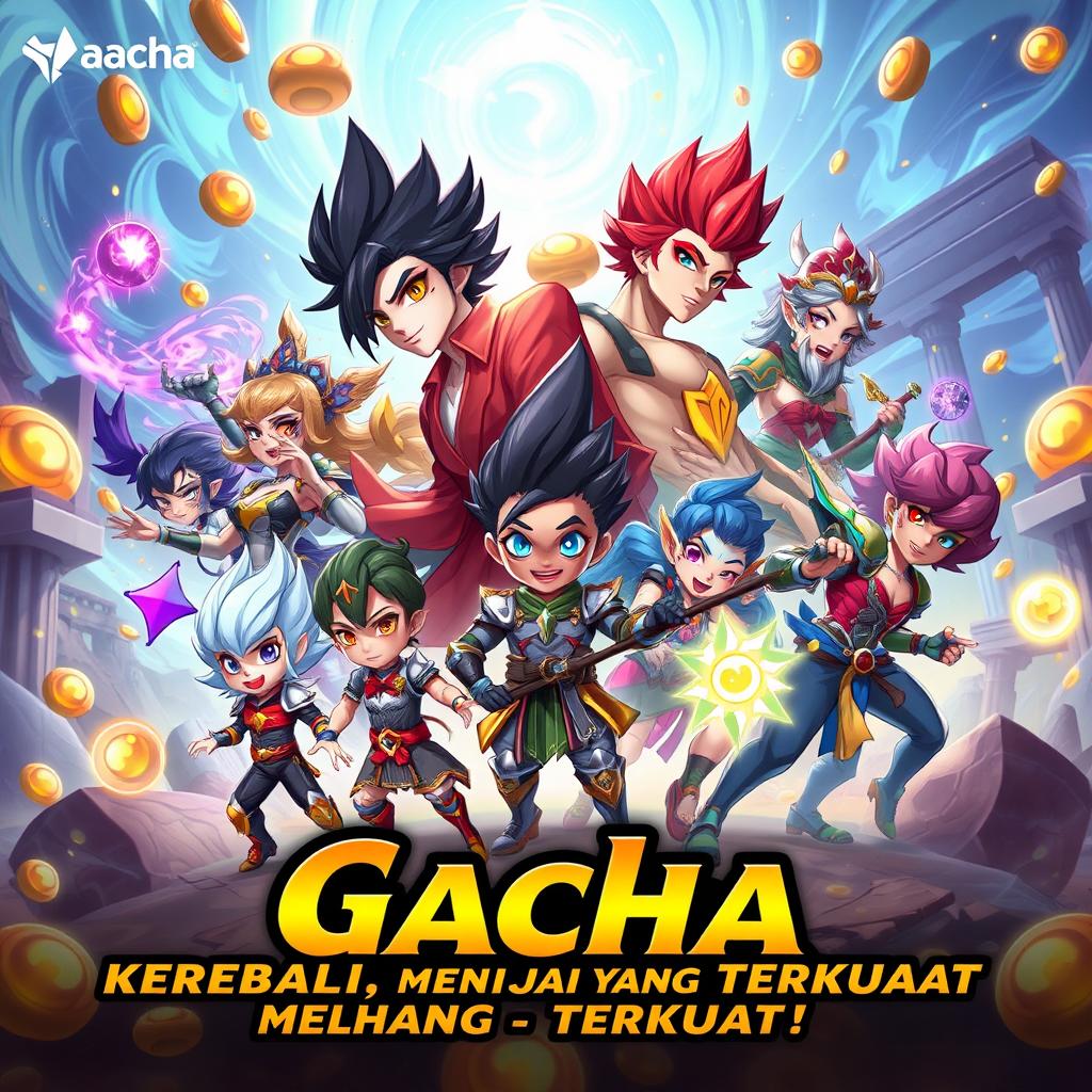 An illustration of a dynamic Gacha game scenario titled 'Gacha: Kembali untuk Menjadi yang Terkuat' (Gacha: Return to Become the Strongest)
