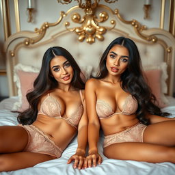 Gorgeous young twin sisters aged 18 and 19, both thin, petite with small busts and small booties, featuring long brunette hair and a captivating tan Arabic complexion