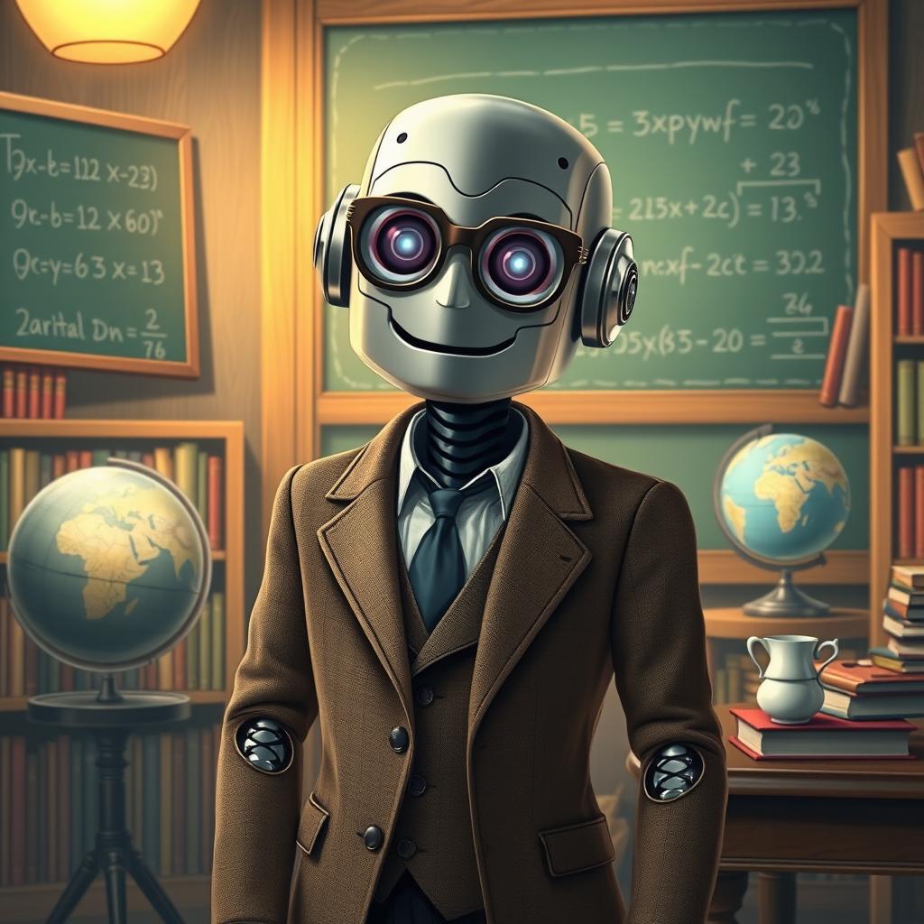 A highly detailed illustration of an artificial intelligence robot designed to resemble a traditional professor, with sleek metallic features, wearing a classic tweed blazer and reading glasses