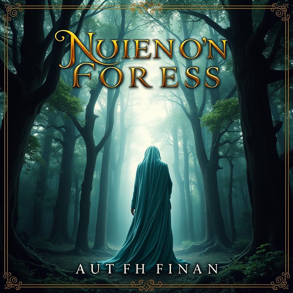 A stunning book cover design featuring a mystical forest with tall, ancient trees and soft, ethereal lighting filtering through the leaves