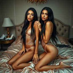 Nineteen-year-old tan Arabic Latina model twin sisters, with the younger sister being 18, both petite with very long dark brunette hair, very skinny with small busts and small buttocks