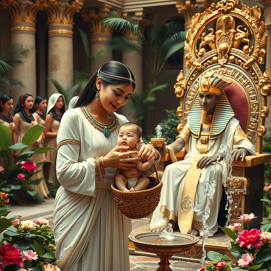 A regal Egyptian woman dressed in elegant royal attire lifts a baby from a small, intricately woven basket, her face expressing pure love and wonder