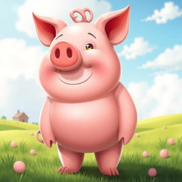 A whimsical and imaginative character design of a humanoid figure that closely resembles a pig, featuring a large round face with a prominent pig snout and flat ears atop the head