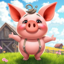 A whimsical and imaginative character design of a humanoid figure that closely resembles a pig, featuring a large round face with a prominent pig snout and flat ears atop the head