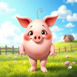 A whimsical and imaginative character design of a humanoid figure that closely resembles a pig, featuring a large round face with a prominent pig snout and flat ears atop the head