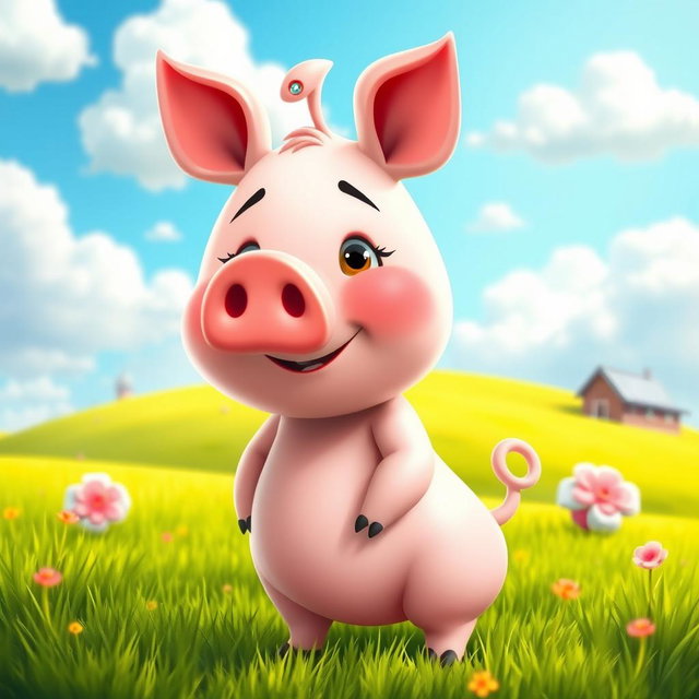 A whimsical and imaginative character design of a humanoid figure that closely resembles a pig, featuring a large round face with a prominent pig snout and flat ears atop the head
