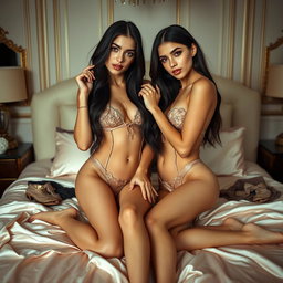 Nineteen-year-old tan Arabic Latina model twin sisters, where the younger sister is 18, both depicted as petite with very long dark brunette hair, very skinny with small busts and small buttocks