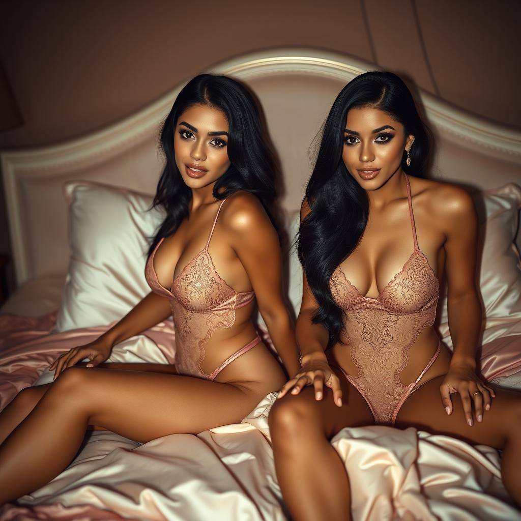 Nineteen-year-old tan Arabic Latina model twin sisters, where the younger sister is 18, both depicted as petite with very long dark brunette hair, very skinny with small busts and small buttocks