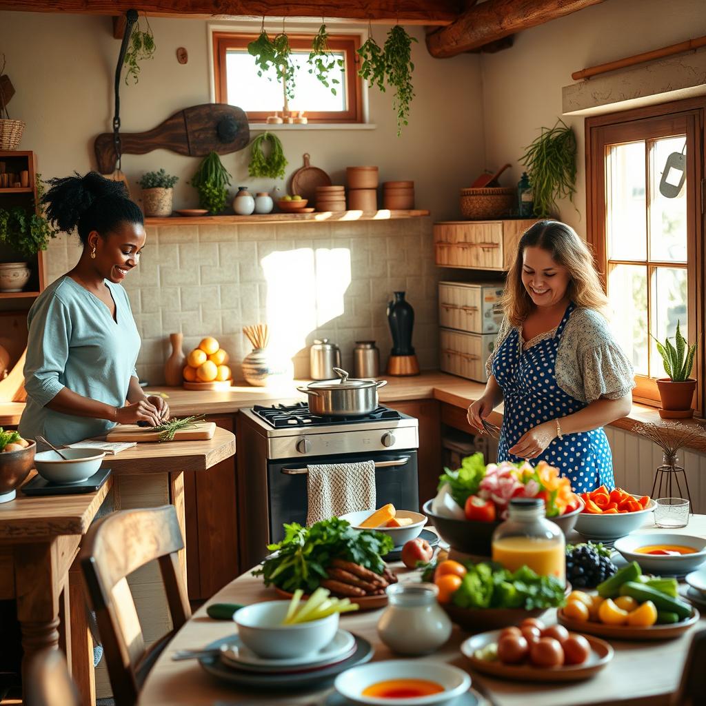 A vibrant scene in a warm, cozy kitchen with women of diverse backgrounds working together