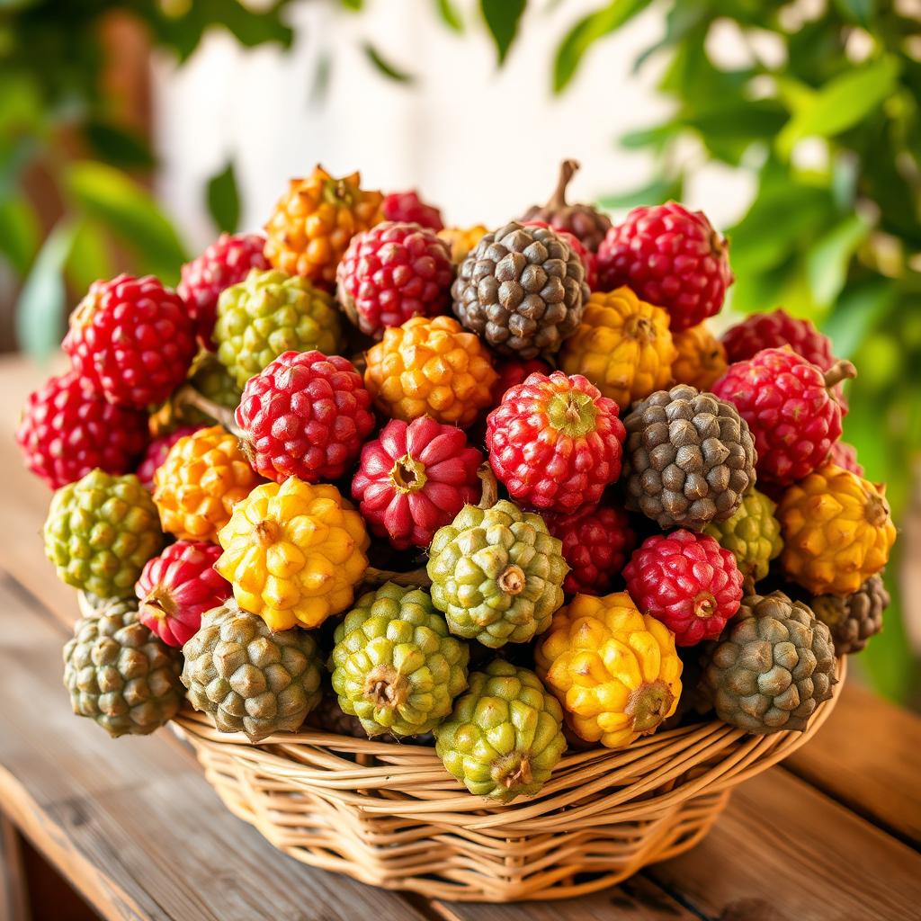 A vibrant, colorful basket overflowing with exotic ostrich fruits, showcasing their unique texture and bright hues