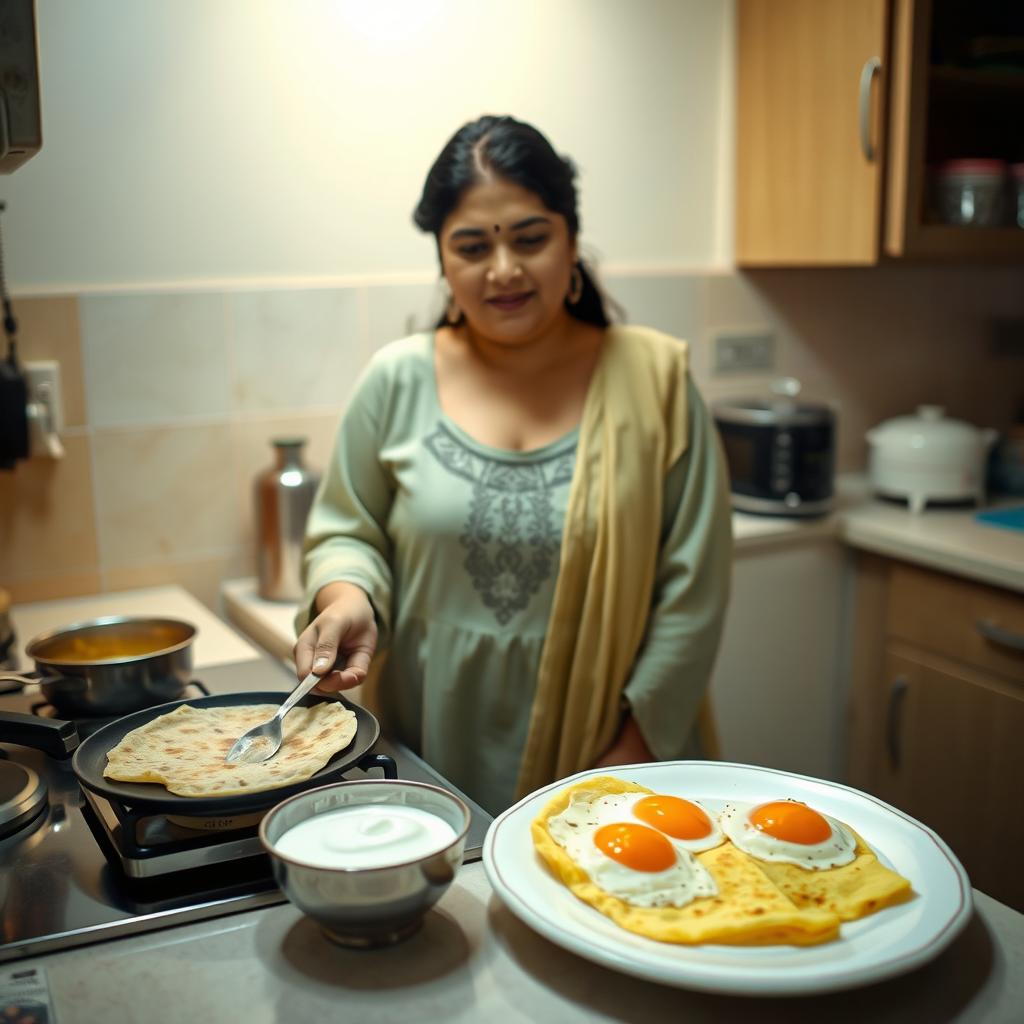 A slightly chubby Pakistani woman preparing Sehri in a well-lit, clean middle-class kitchen at 4:00 AM during Ramadan