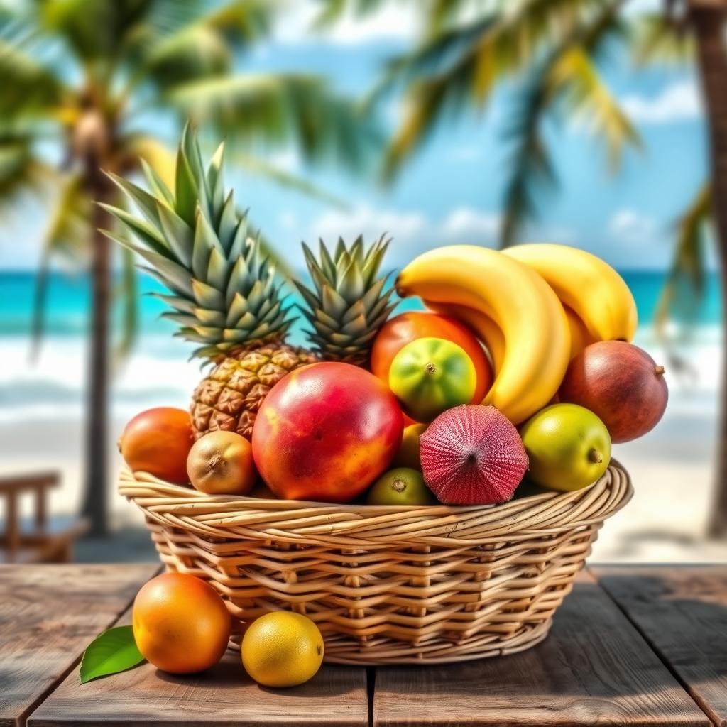 A vibrant and colorful tropical fruit basket filled with an assortment of exotic fruits including pineapples, mangoes, bananas, papayas, and dragon fruits