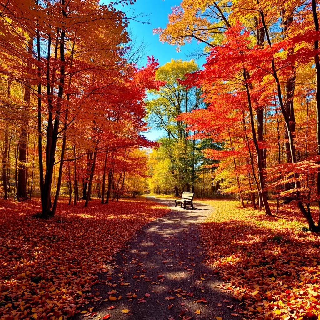 A serene autumn forest scene with a winding path covered in colorful fallen leaves, vibrant trees adorned with orange, red, and yellow foliage under a clear blue sky