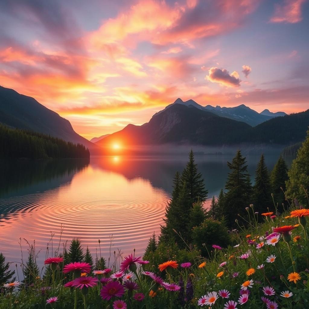 A mystical landscape featuring a serene lake surrounded by lush green forests and majestic mountains in the background