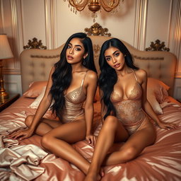 Nineteen-year-old tan Arabic Latina model twin sisters, with the younger sister being 18, both petite and very skinny with dark, very long brunette hair, small busts, and small buttocks