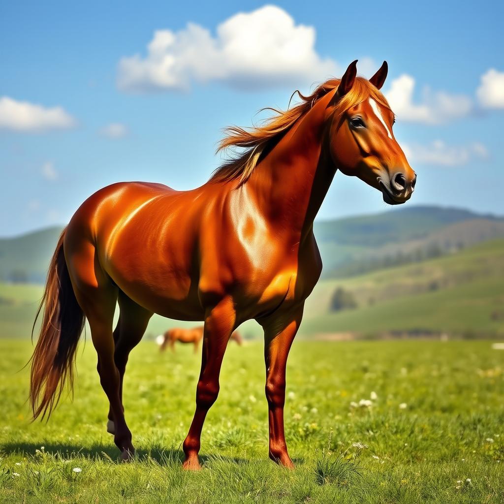 A majestic Arabian horse standing proud in a lush green meadow, with its glossy chestnut coat glistening under the warm sunlight