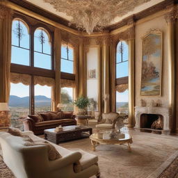 Opulent living room of a billionaire, adorned with luxurious furniture, gold accents, a grand fireplace, sumptuous rugs, magnificent artworks, and floor-to-ceiling windows with breathtaking views.