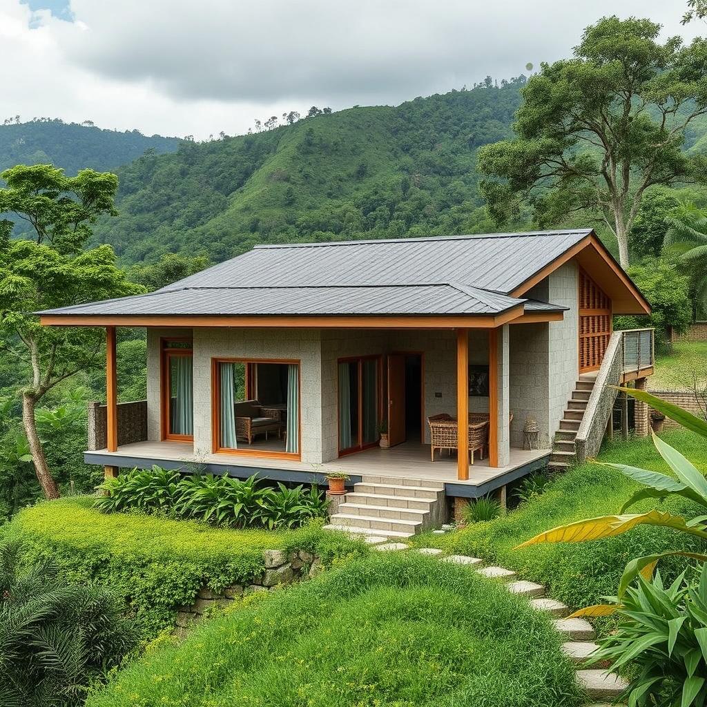 A low-cost home design situated in the hilly regions of Bangladesh, showcasing a harmonious blend of practicality, comfort, and sustainability