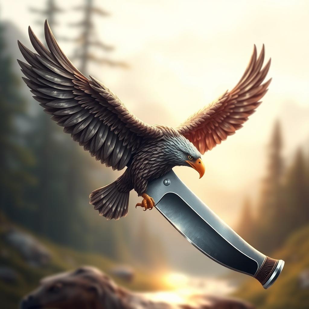 A detailed and artistic depiction of a knife with a handle shaped like an eagle