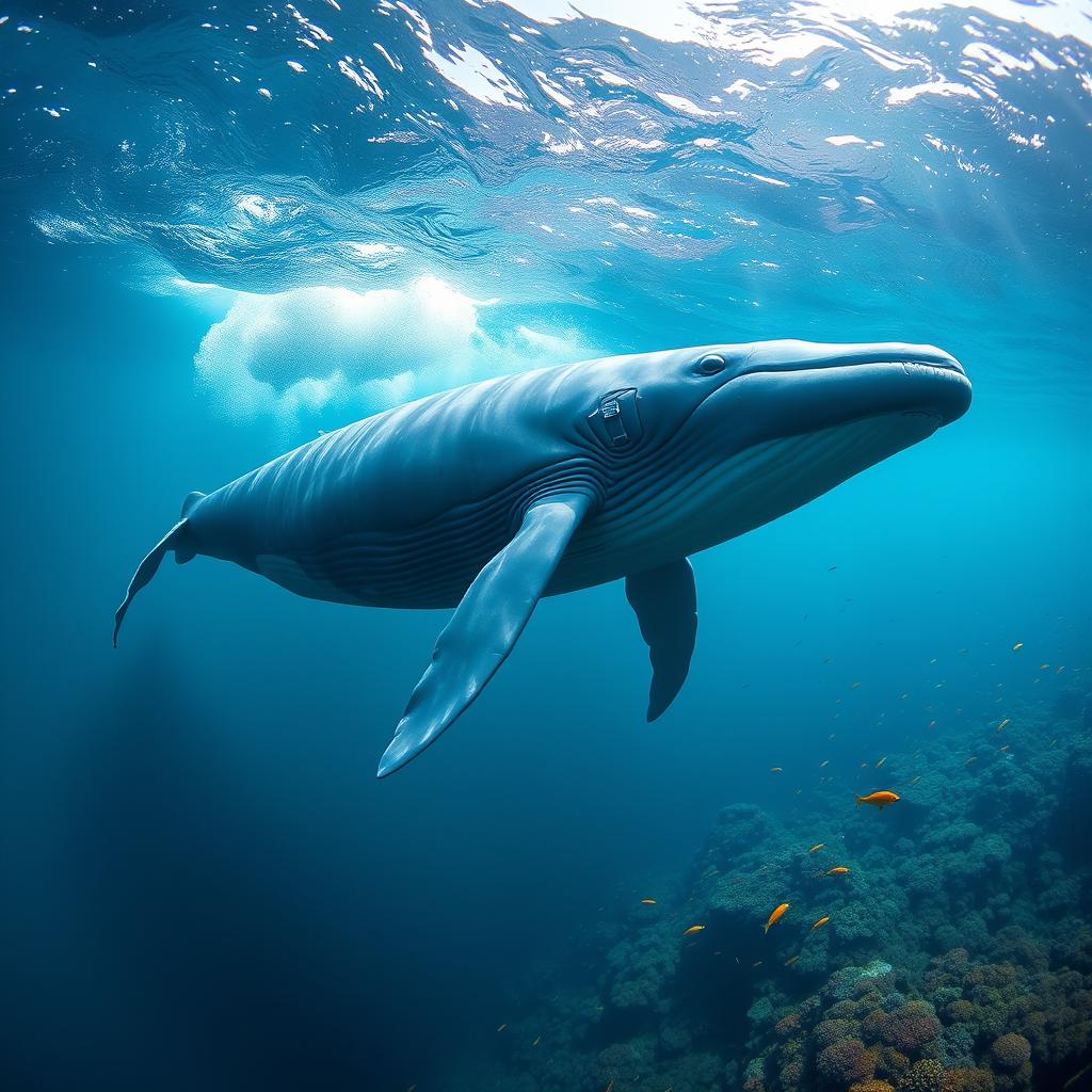 A majestic blue whale swimming in the deep ocean, demonstrating its enormous size with a beautiful backdrop of crystal-clear water and a variety of colorful fish surrounding it