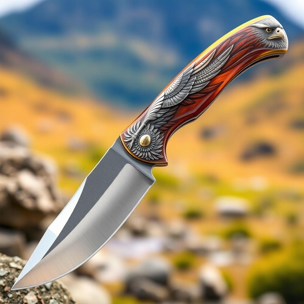 A beautifully crafted knife with an eagle design on the handle, showcasing intricate details of feathers and a fierce expression