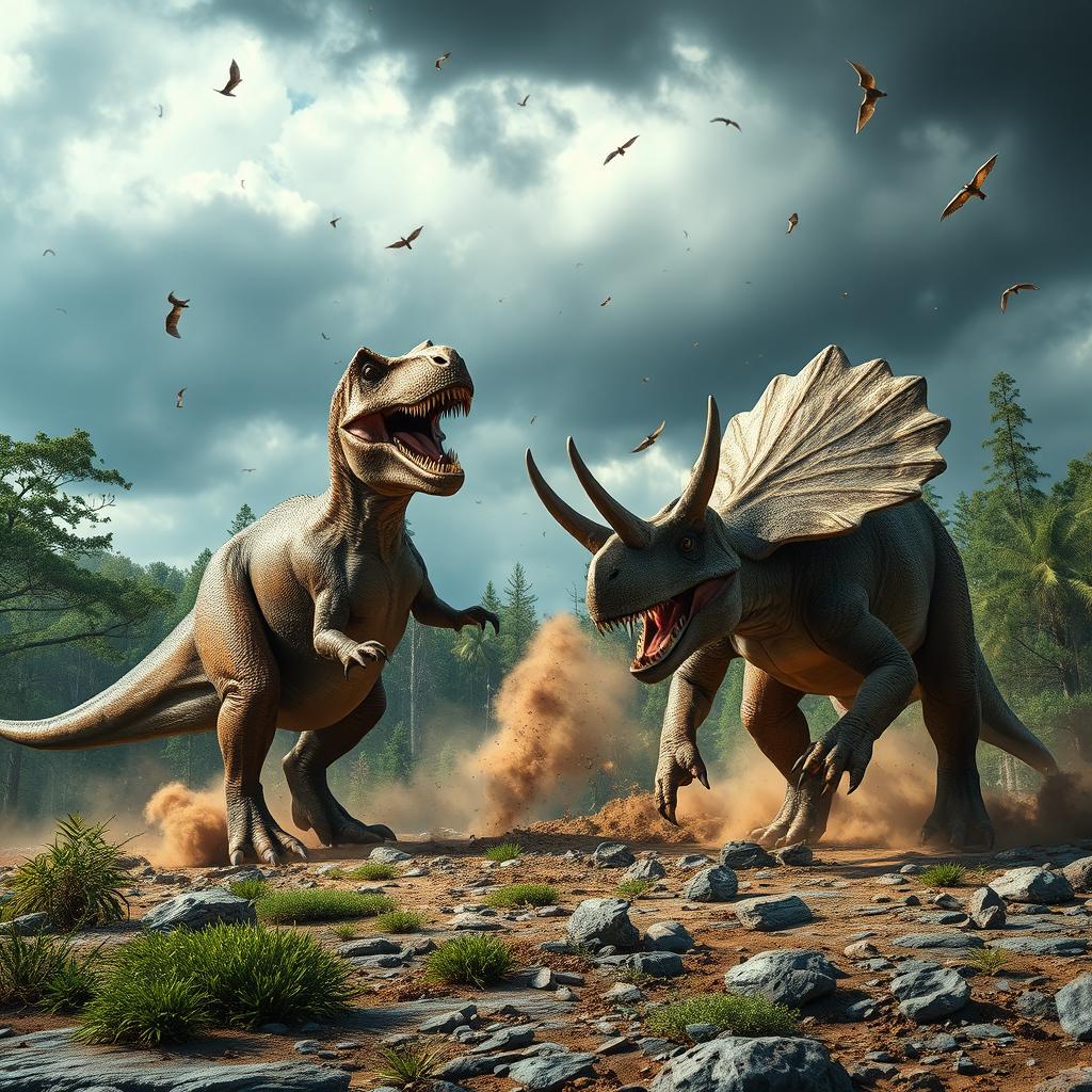 A dramatic scene depicting a fierce battle between a Tyrannosaurus rex and another dinosaur, possibly a Triceratops, set in a prehistoric landscape filled with lush greenery and towering trees