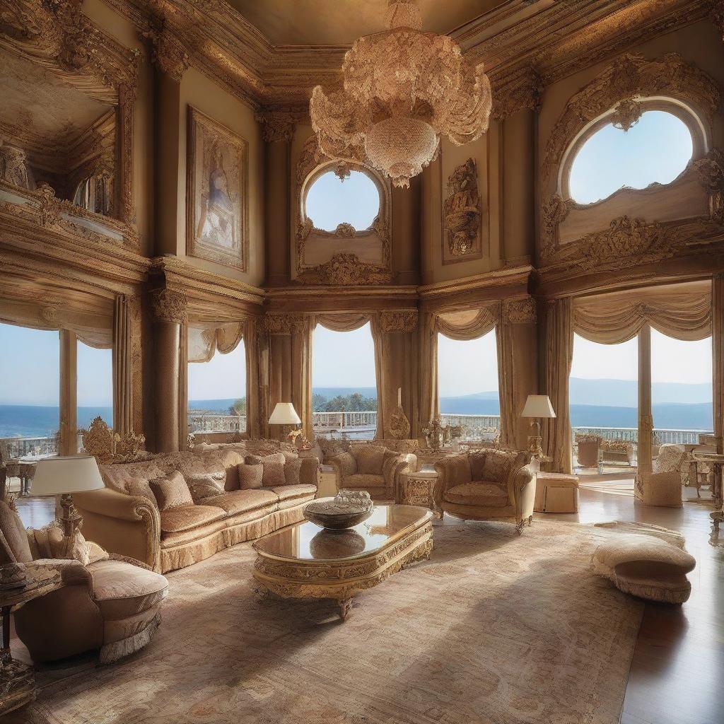 Opulent living room of a billionaire, adorned with luxurious furniture, gold accents, a grand fireplace, sumptuous rugs, magnificent artworks, and floor-to-ceiling windows with breathtaking views.