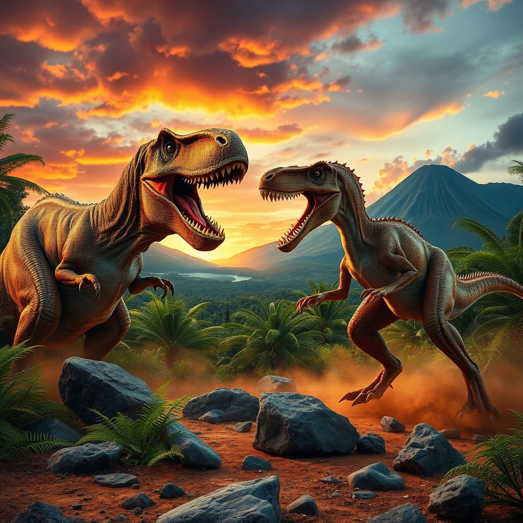 A captivating scene of a fierce battle between a Tyrannosaurus rex and another dinosaur, possibly a Velociraptor, in a vibrant prehistoric environment filled with dense foliage and volcanic mountains in the background